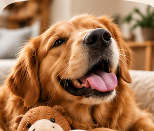 Um cão de pelo dourado deitado sobre uma manta, com o seu peluche ao lado.